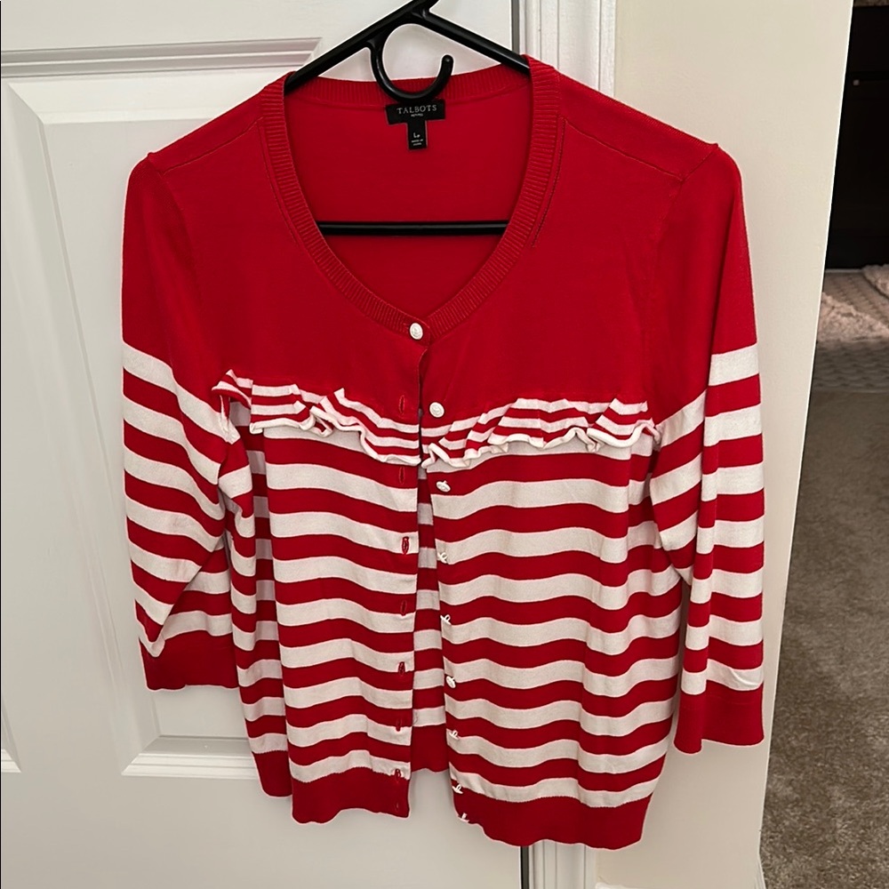 Talbots Red and White Striped Button-Up Cardigan